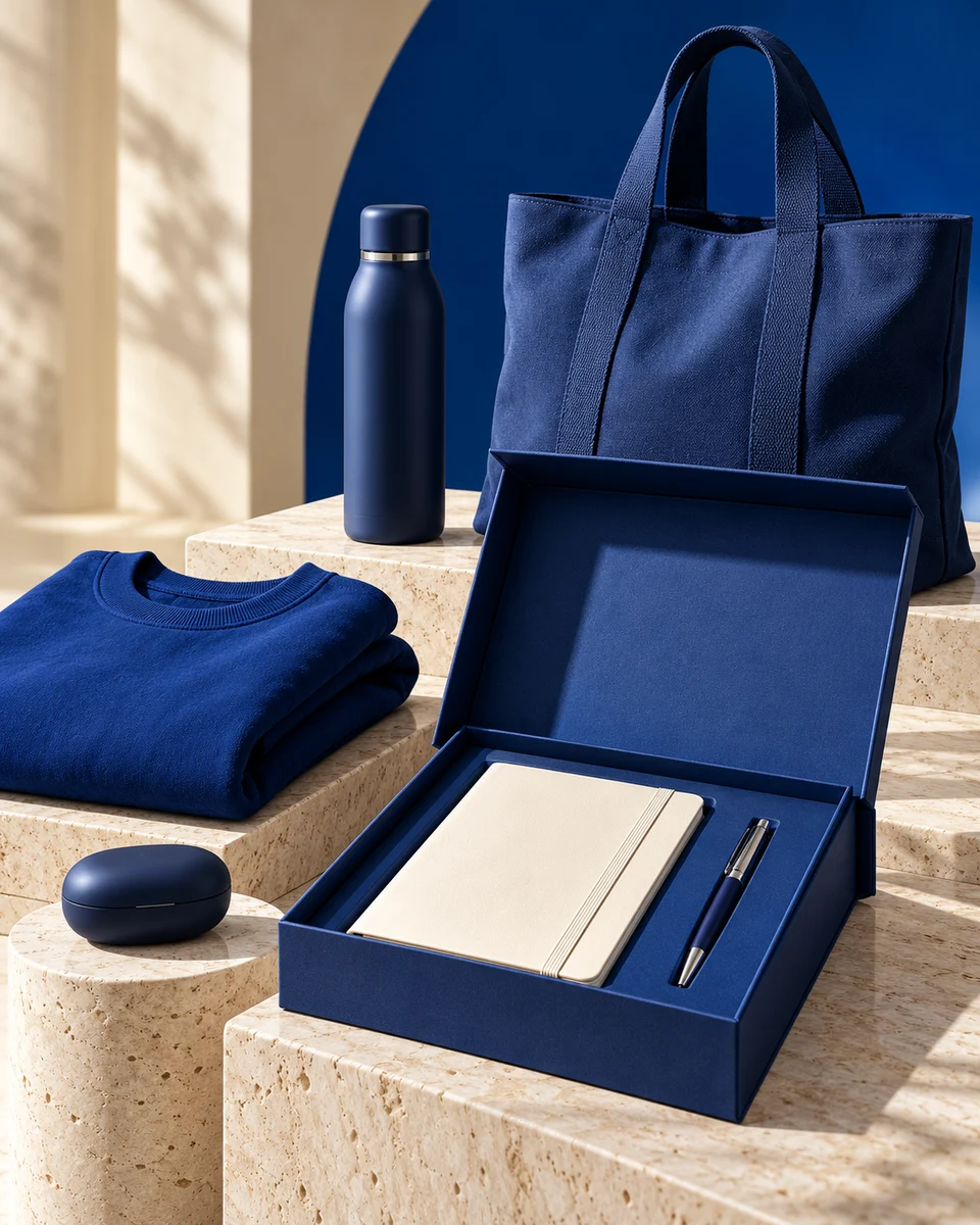 Composición de regalos de empresa: botella, textil y accesorios de merchandising en azul y crema