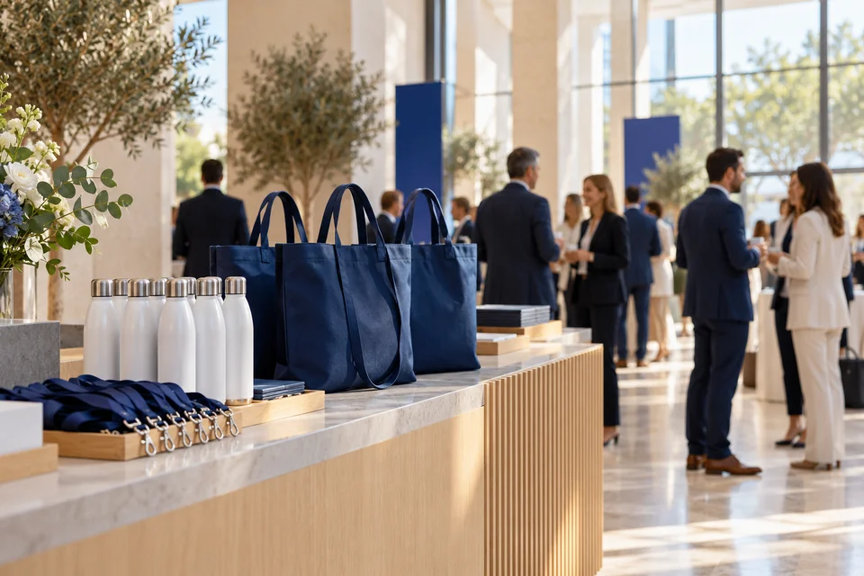 Escena de bienvenida a un congreso con bolsas, botellas y acreditaciones para asistentes